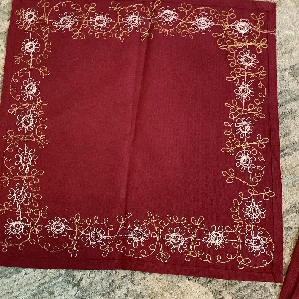 Christmas Bridge Tablecloth Set 5 Piece Red Embroidered Bells Trees 4 Napkins